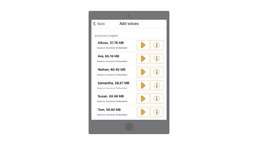 Graphic of a Tablet with a screenshot of the voices that can be added to EasyReader